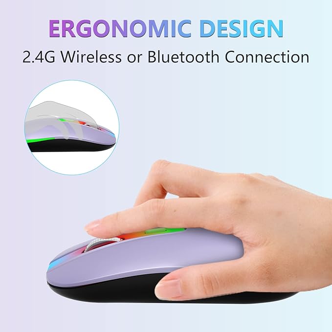 FUWANG Rechargeable Wireless Bluetooth Mouse, 2.4G USB Optical Input Mouse, Portable, Compatible with Laptop, PC, Mac OS, Windows, Adjustable DPI (Light Purple)
