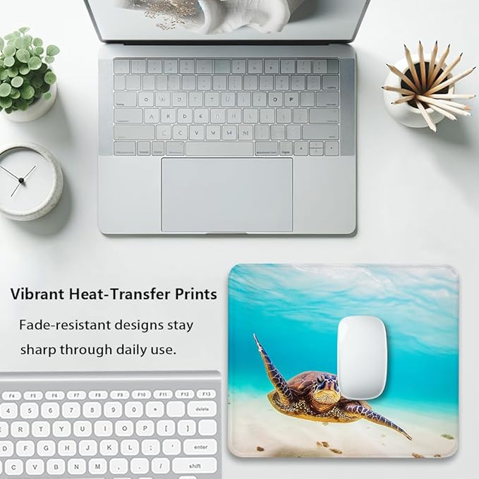 Sea Turtle Mouse Pad 9.5"x 7.9", Reinforced Stitched Edges, Durable Anti-Slip Gaming & Office Mat Desk Decor, Nature Ocean Animal Hawaiian Underwater Scuba Diving