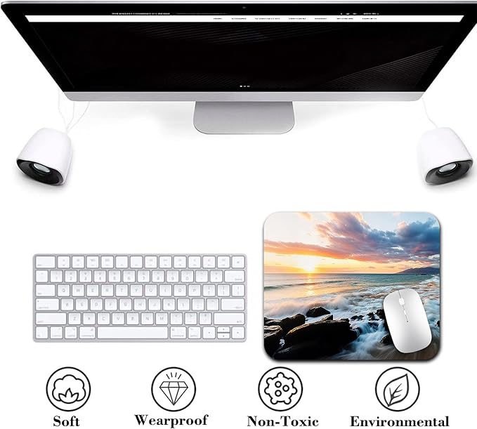 9.5"x 7.9" Anti-Slip Office/Gaming Mouse Pad - Spectacular Sunset Scenery Maui Hawaii Beach Scenic with Rocks Gentle Sea Waves, Cute Natural Washable Rubber Mat for Desk Decor