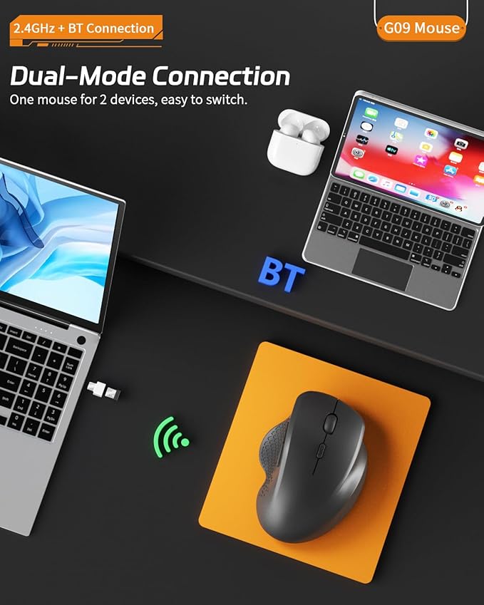 Uiosmuph G09 Bluetooth Wireless Mouse, BT5.1 & 2.4Ghz Rechargeable Computer Mouse with USB Receiver and Type C Adapter, Ergonomic Bluetooth Mice for Laptop, iPad, Mac - Black