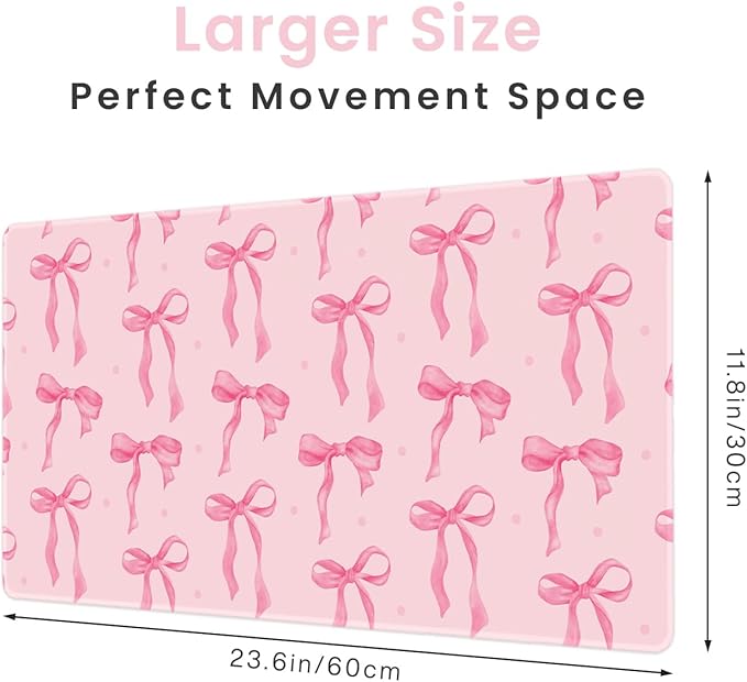 Pink Desk Mat with Bows, Cute Bow Mouse Pad for Computer Laptop Non-Slip Rubber Base Gaming Keyboard Pad, Large Office Mat Girly Office Supplies Desktop Accessories for Teen Girls Women 23.6 x 11.8in