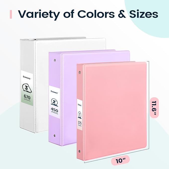 2 Pack BinderX Extra Durable 3 Ring Binder, 2 Inch Binder Round Ring, Fits 900 Sheets of 8.5x11 Paper, Customizable View Cover with Inside Pockets, Cute School Supplies for Girls, Pink & Purple