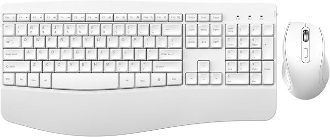 Ergonomic Keyboard and Mouse Combo, Full Size Cordless Computer Keyboard with Palm Wrist Rest Ergonomic Mouse for Windows Computers Laptops - White