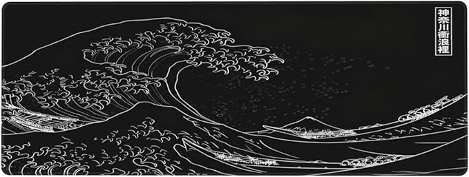 Japanese Gaming Mouse Pad Black Mouse Pad Kanagawa Large Mousepad Non-Slip Rubber Base Waterproof with Stitched Edges for Gaming Office Home, 31.5x11.8x0.12 Inch (Black Wave)