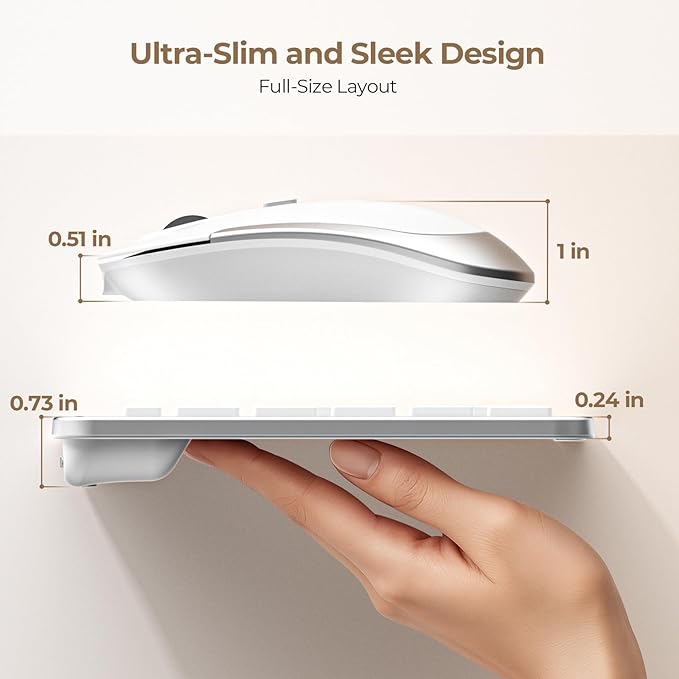 seenda Wireless Keyboard and Mouse Combo, Rechargeable Quiet Keyboard Mouse, Sleek and Ultra Thin Design, Full-Size with Number Pad for Windows, Laptop, PC, Notebook, Desktop- Silver and White