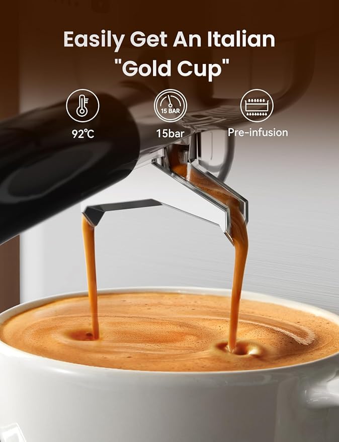 Neretva Espresso Machine, 15 Bar Espresso Coffee Machine with Visible Pressure Guage Professional Espresso Maker with Milk Frother & Stainless Steel for Home Barista Latte and Cappuccino Maker-Silver