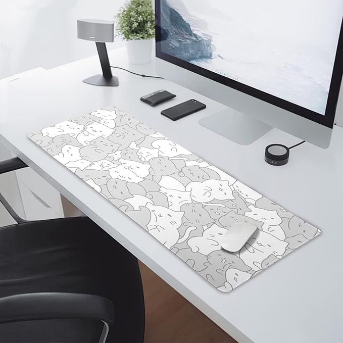 aportt White Kawaii Cats Gaming Mouse Pad XL Cute Anime Kittens Japanese Extended Big Large Desk Mat Non-Slip Rubber Base Stitched Edge Long Keyboard Mousepad for PC Computer Laptop,31.5×11.8 Inches