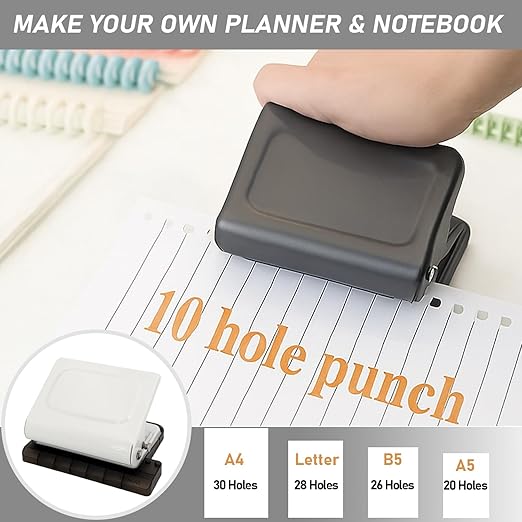 10 Hole Punch Binding Machine Kit for Planner (White) with 10 Multi-Color Spiral Coils, Adjustable A4 A5 B5 Paper Puncher, DIY Notebook Scrapbook Maker for Home Office School Organization
