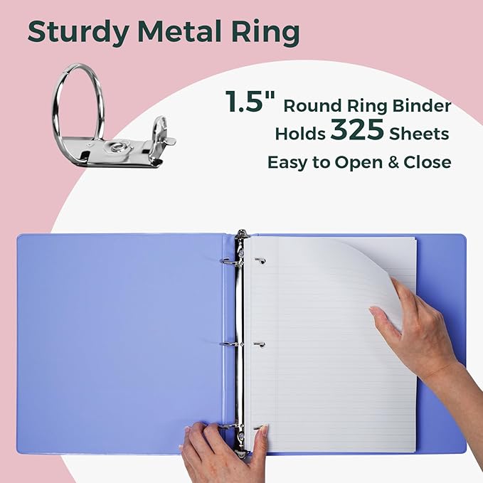 POPRUN 3 Ring Binder 1.5 Inch, PVC-Free, Holds 325 Sheets of 8.5 x 11 Paper, Extra Durable Organizer with 2 Pockets for School & Office, Heavy-Duty, 4 Pack, Cornflower Purple