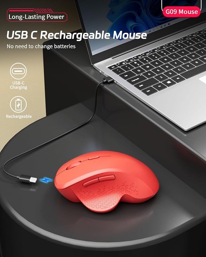 Uiosmuph G09 Bluetooth Wireless Mouse, BT5.1 & 2.4Ghz Rechargeable Computer Mouse with USB Receiver and Type C Adapter, Ergonomic Bluetooth Mice for Laptop, iPad, Mac - Red
