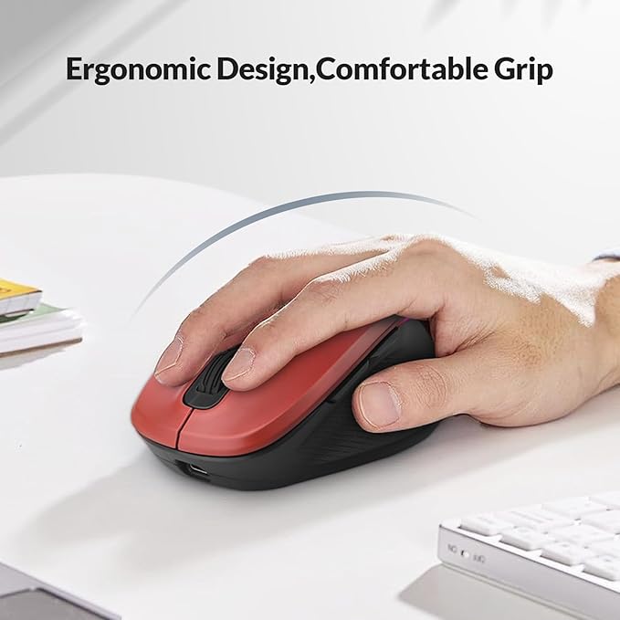 Rii Wireless Mouse Rechargeable, 2.4 GHz with USB Receiver, 1000/1200/1600 DPI, Ergonomic Grips, Silent Keys, Cordless Computer Mice for Laptop, PC, Desktop, Mac-Black&Red