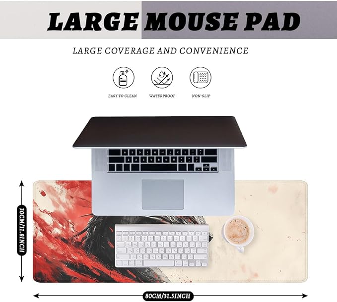 Anime Dragon Desk Mat Gaming Mouse Pad Red and Black Ink Painting Style Large Gaming Mouse Mat with Stitched Edges,Non-Slip Waterproof Rubber Base Mous Mat Office Computer Keyboard Laptop Home