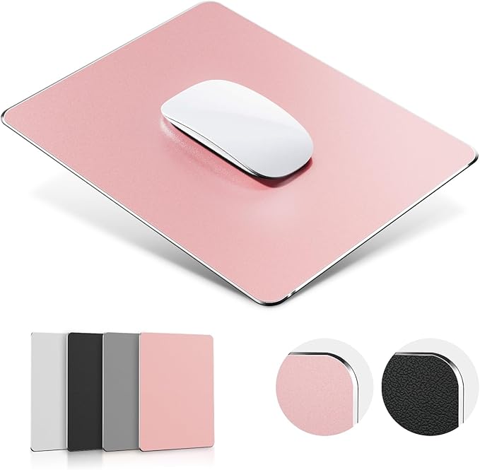 HONKID Metal Aluminum Mouse Pad Pink, Office and Gaming Thin Hard Mouse Mat Double Sided Waterproof Fast and Accurate Control Mousepad for Laptop, Computer and PC,9.06"x7.08",Rose Gold