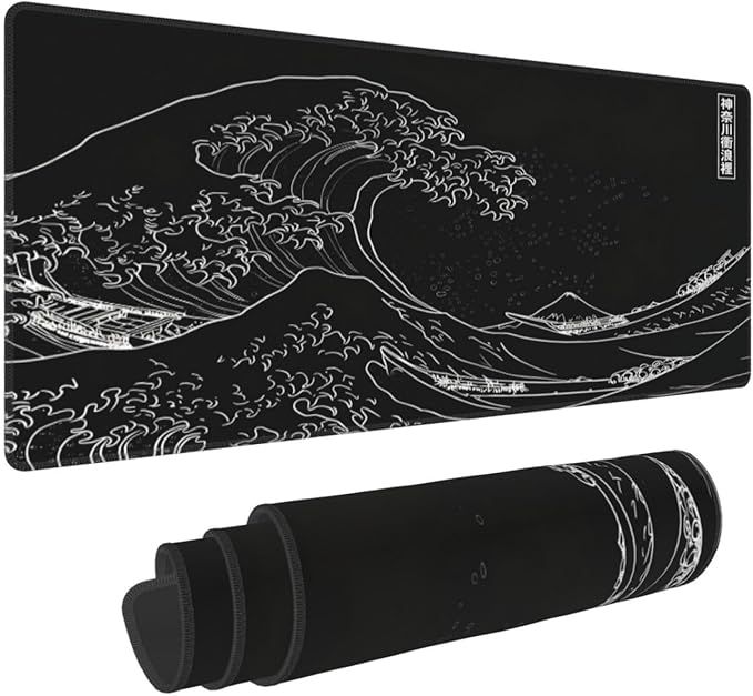 Japanese Gaming Mouse Pad Black Mouse Pad Kanagawa Large Mousepad Non-Slip Rubber Base Waterproof with Stitched Edges for Gaming Office Home, 31.5x11.8x0.12 Inch (Black Wave)
