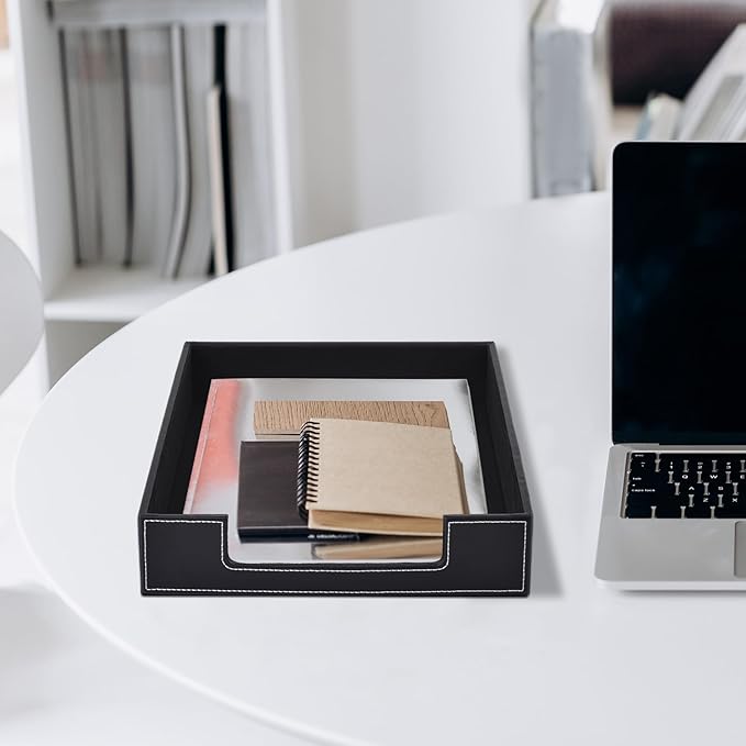 Leather 1-Layer Letter Tray Stackable File Document Tray,A4 Paper Case Rack Desk Office Supplies Organizer Holders,Desktop Organization, Pen Mail Magazine Storage Box(Black)