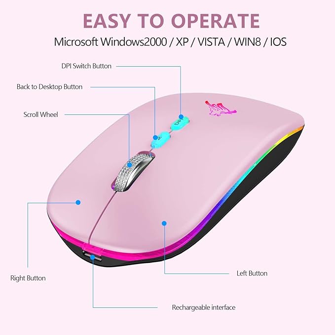 HOTLIFE LED Wireless Mouse, Slim Rechargeable Wireless Bluetooth Mouse, 2.4G Portable USB Optical Computer Mice with USB Receiver and Type C Adapter (Pink)