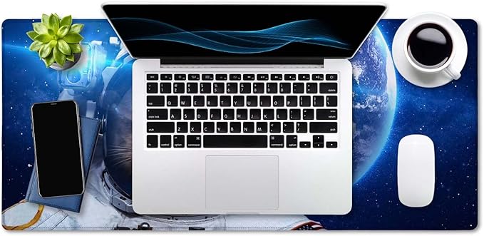 SSOIU Large Mouse Pad, Full Desk XXL Extended Gaming Mouse Pad 35.5" X 15.7", Waterproof Desk Mat Stitched Edges, Non-Slip Laptop Computer Keyboard Mousepad for Office and Home - Galaxy Astronaut Cat