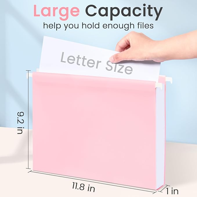 Sooez Tear-Resistant Plastic Hanging File Folders Letter Size, 25 Count File Organizer Suitable for File Cabinet Filing Cabinets, 1/5-cut Adjustable Tabs for Office, School, Pastels Colors, Pink