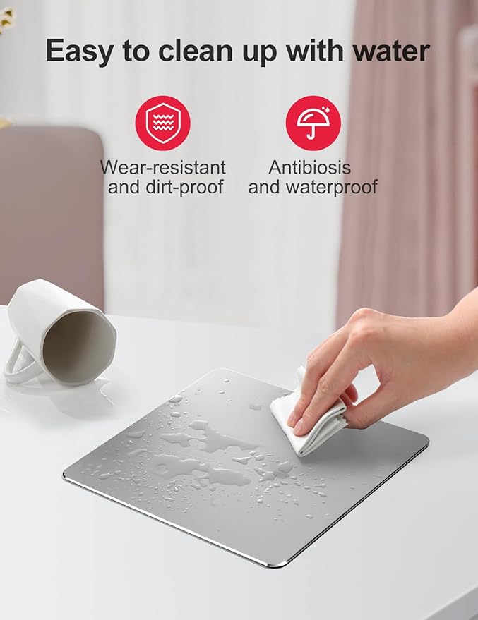 Vaydeer Hard Metal Aluminum Mouse Pad Clear Modern Smooth Magic Ultra Thin Double Side Design Mouse Mat Waterproof Fast and Accurate Control Compatible for Gaming and Office, Silver, 9.05X7.08 Inch