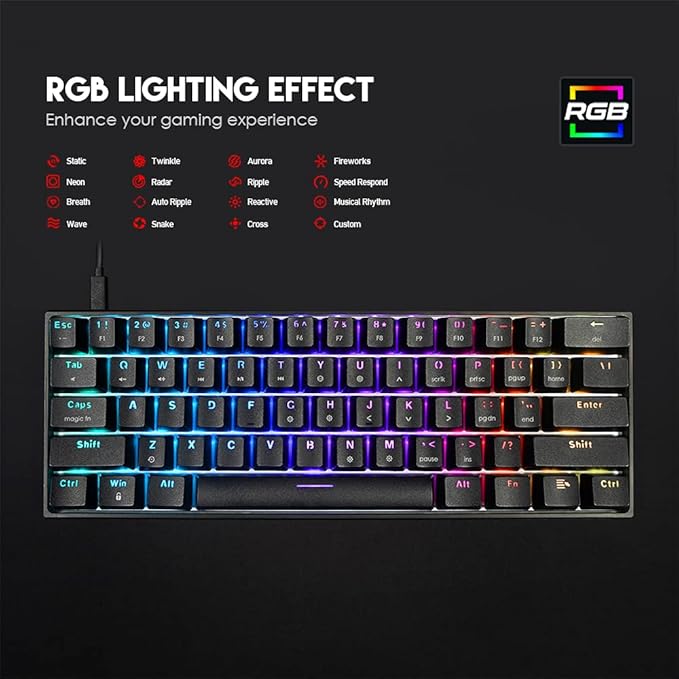 FANTECH MAXFIT61 RGB Wired 60% Mechanical Keyboard, 61 Keys Hot Swappable Type-C Programmable Gaming Keyboard, Blue Switch, Black