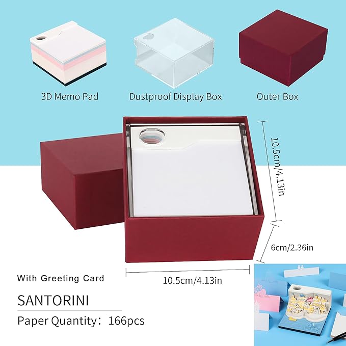 Santorini Memo Pad 3D with Light,Kawaii Memo Pad Non-Stick 3D Sticky Notes,3D Art Craft Note Pad Three-Dimensional Paper Art Notepad with Pen Holder Silhouette DIY Creative Gift