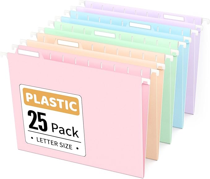 Sooez Tear-Resistant Plastic Hanging File Folders Letter Size, 25 Count File Organizer Suitable for File Cabinet Filing Cabinets, 1/5-cut Adjustable Tabs for Office, School, Pastels Colors, Pink