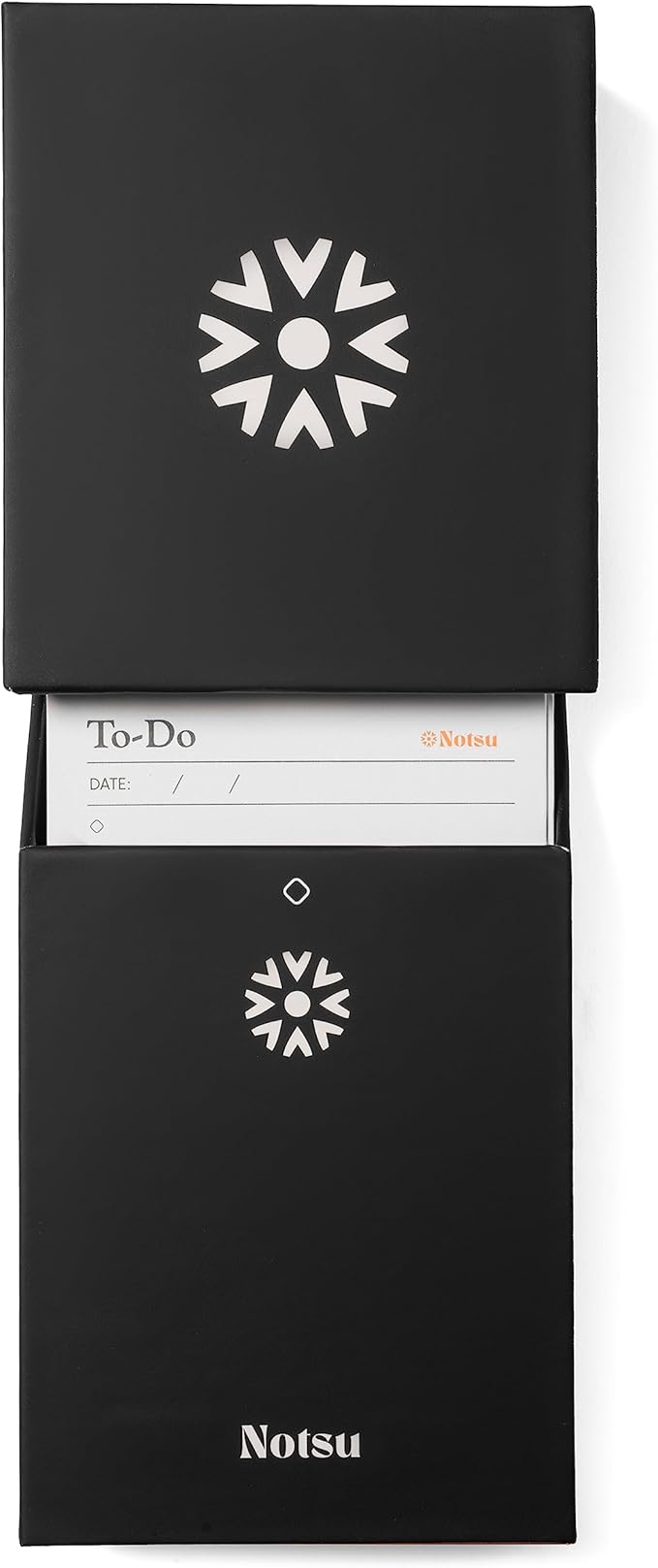 Notsu Centre Rise To Do List Card Box Set | 50 Foldable To-Do Vertical Notecards 3x5, Productivity Index Card Organizer Tab Dividers, Desk Card Holder Stand (Black)