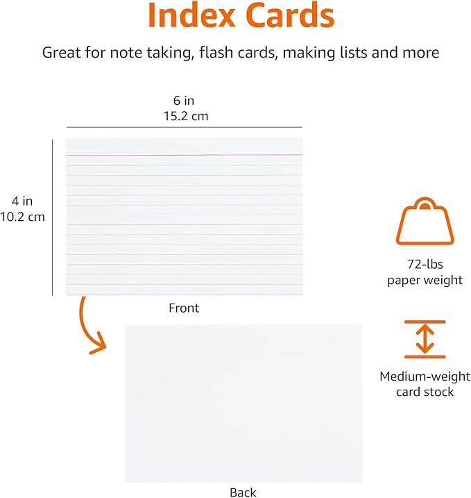 Amazon Basics Ruled Lined Index Cards for Notes, Studying, Flash Cards, White, 4" x 6", 500 Count (5 Packs of 100)