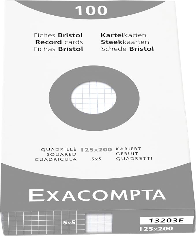 Exacompta - Ref 13203E - Bristol Squared Board for Printing (Pack of 100) - 125 x 200mm in Size, 205gsm Card, Compatible with Printers - Suitable for Exam Revision & Notes - White