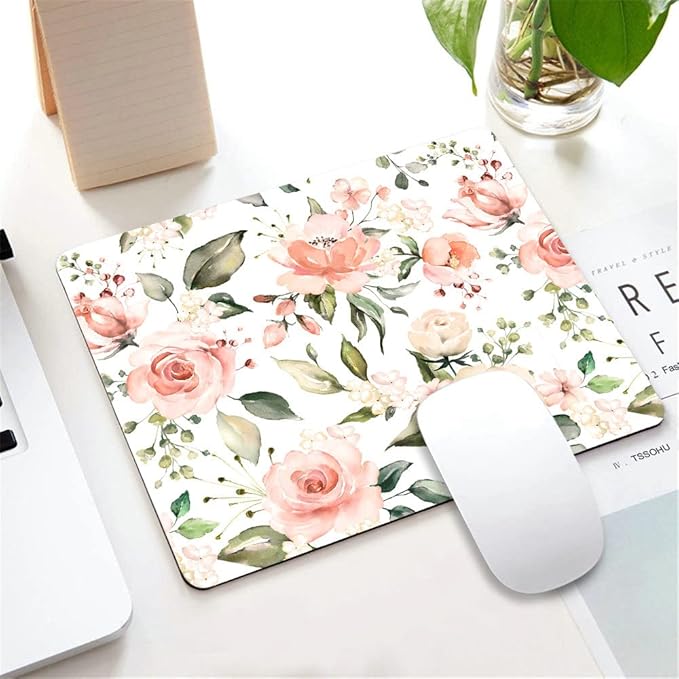 Pink and Green Flowers Mouse Pad, Mouse Mat, Desk Accessories, Floral, Roses, Home, Office, Rectangle, Flowers Mousepad 9.5"x7.9"x0.12" Inch
