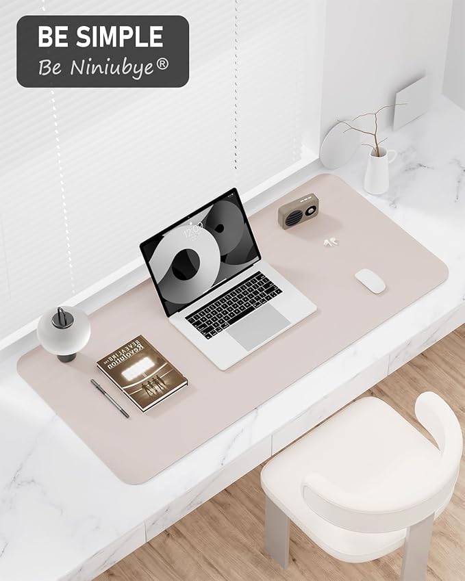 Desk Pad, 23.6" x 13.8" PU Leather Non-Slip Desk Mat Large Mouse Pad for Desktop, Waterproof Laptop Computer Writing Mat for Office, Home, Work, Gaming, Beige Gray
