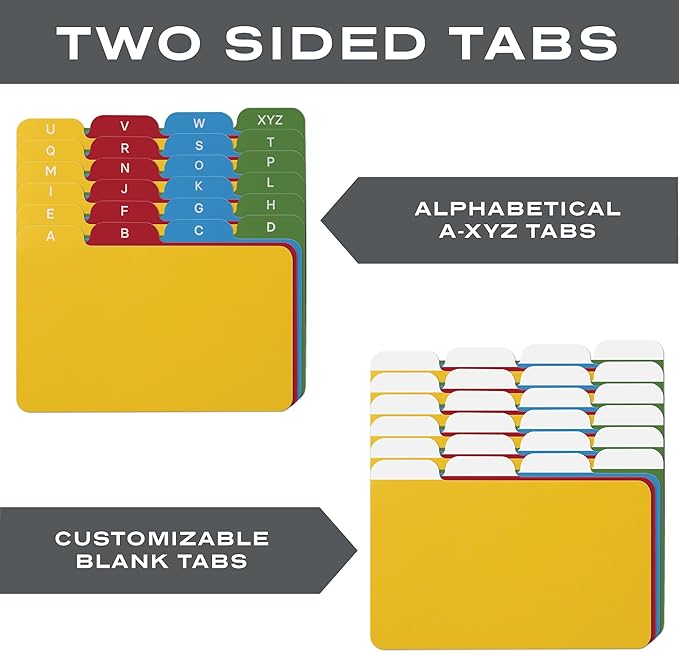 3x5 Index Card Holder Set | 100 Ruled Index Cards 3x5, 24 Color Alphabet Tab Dividers, 24 Blank Customizable Kraft Dividers