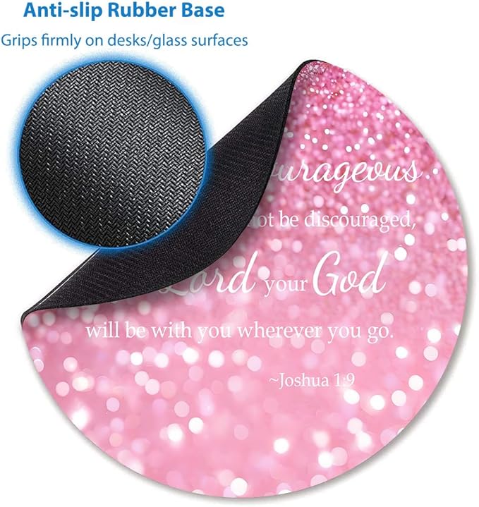 Be Strong and Courageous 7.9-Inch Round Mouse Pad - Bible Verse Scripture Joshua 1:9, Inspirational Quote Pink Glitter Background Anti-Slip Natural Base & Smooth Fabric Surface Circular Mat