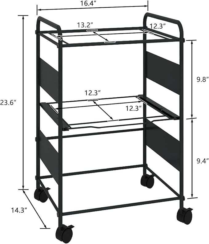 PUNCIA 2-Tier Metal Rolling File Cart with Wheels and Hanging Files for Letter Size - Movable Pull-Out Folder Rack Drawer Cabinet for Home Office
