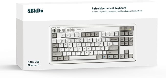 8Bitdo 87 Keys Retro Mechanical Keyboard Bluetooth/2.4G/USB-C, Hot Swappable, Dual Super Programmable Buttons, Volume knob for Windows and Android - M Edition