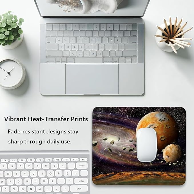 Outer Space Planets Mouse Pad 9.5"x 7.9", Reinforced Stitched Edges, Durable Anti-Slip Gaming & Office Mat Desk Decor, Galaxy Universe Stars Deep Sky Objects Stones Astronomy