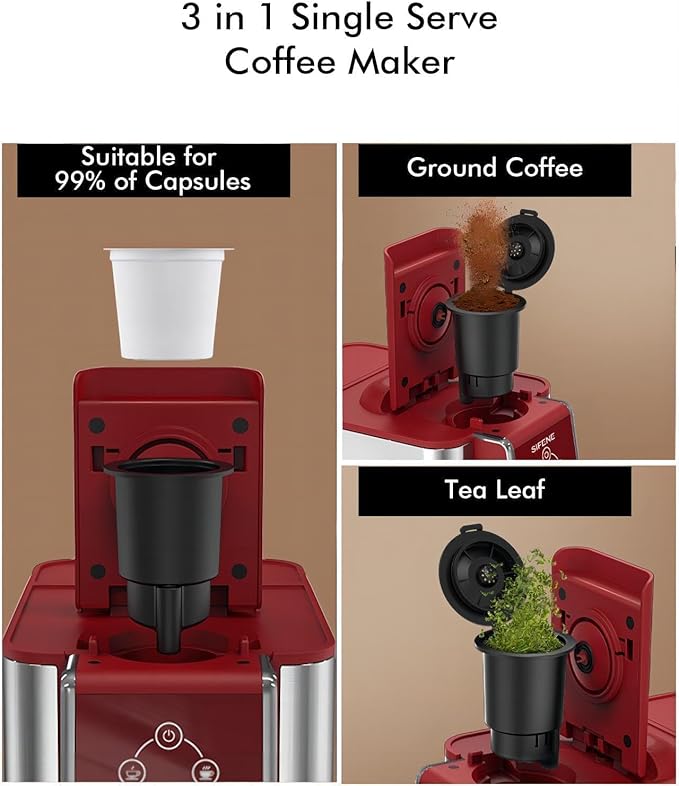 SIFENE Single Serve Coffee Machine, 3-in-1 Pod Coffee Maker for K-Pod Capsule, Ground Coffee, and Leaf Tea with 6-10 oz Cup Size, 50 oz Removable Water Reservoir, Red