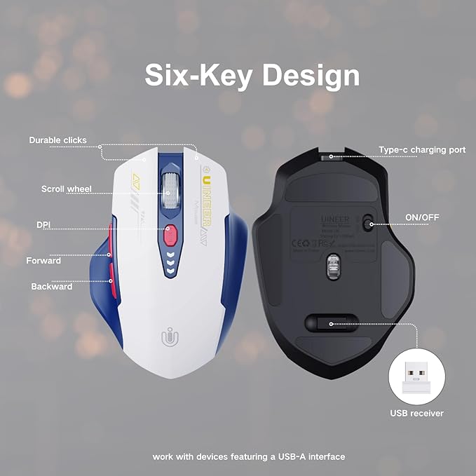 Uineer Wireless Mouse, [Upgraded] Visible Battery Display，Rechargeable Laptop Mice 2.4G USB, 4 Adjustable DPI Levels,Optical Ratón Wireless for Laptop PC Computer,White and Blue