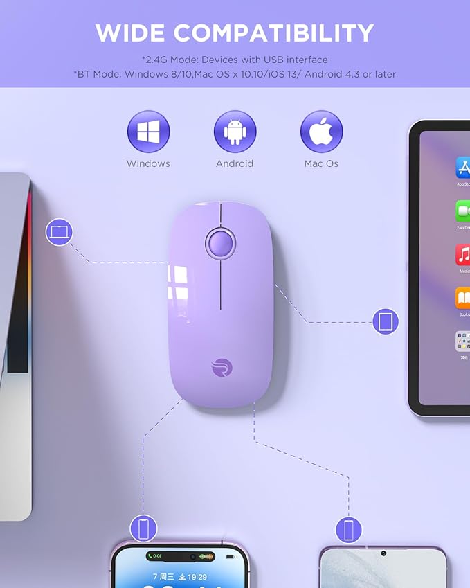 RAPIQUE Wireless Bluetooth Mouse, Purple, 1600 DPI, Long Battery Life, Dual Connectivity, Quiet Click, High-Precision Optical Tracking, Versatile Compatibility