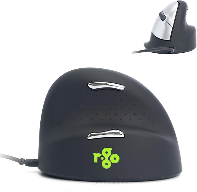 R-Go HE Ergonomic Mouse, with Break Software, USB-C Wired (with USB A Converter), Vertical Design, Anti Carpal Tunnel, Silent Click, Customisable Buttons, Compatible for Windows/Mac OS, Black/Silver
