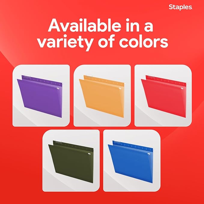 Staples Hanging File Folders, Letter Size, Purple, 1/5‑Cut Tabs, Tear‑Resistant, Includes Tabs & Inserts – 25/Pack