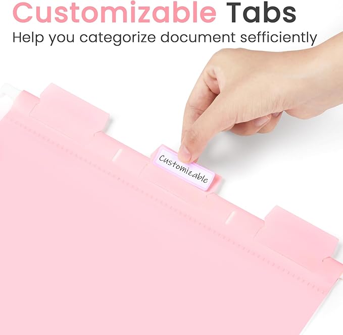Sooez Tear-Resistant Plastic Hanging File Folders Letter Size, 25 Count File Organizer Suitable for File Cabinet Filing Cabinets, 1/5-cut Adjustable Tabs for Office, School, Pastels Colors, Pink