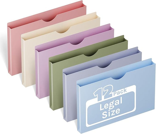 ANSOOK Plastic File Jackets File Pockets,1" Legal Size Manila File Folder,12 Pack Project File Folders,Heavy Duty Manila Pocket Folder for Cabinet,Assorted Colors Manila Job Folder for Office School