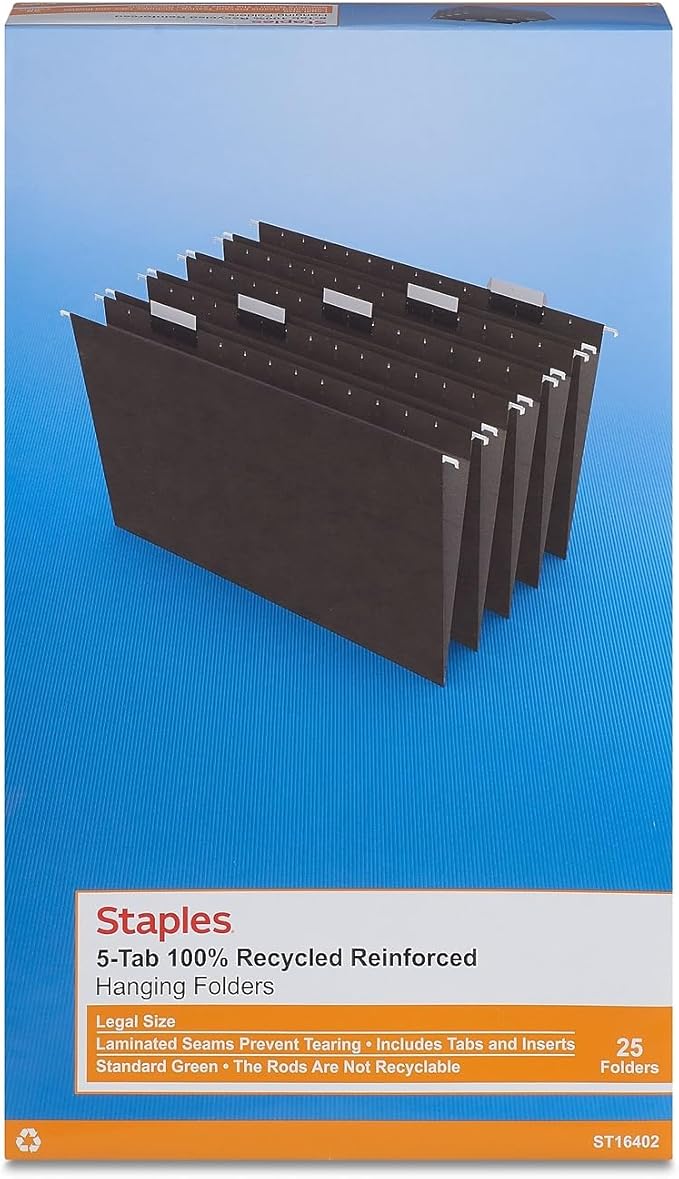 Staples Recycled Reinforced Hanging File Folders, Legal Size, 5‑Tab, Standard Green, Tear‑Resistant – 25/Box