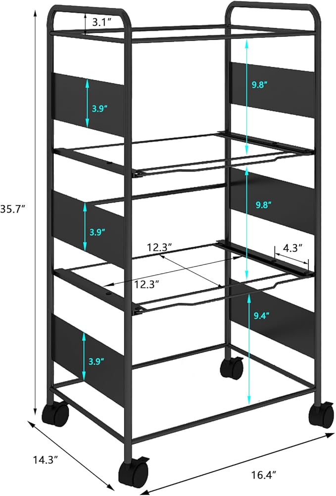 PUNCIA 3 Tiers Metal Rolling File Carts with Wheels Hanging Files for Letter Size Movable Pull-Out File Folder Rack Drawer File Cabinet for Home Office