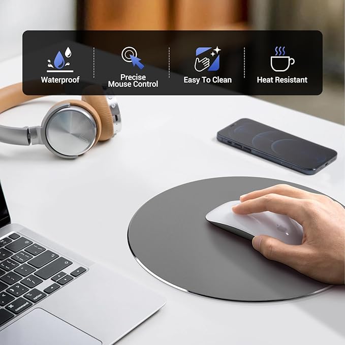 HONKID Metal Aluminum Mouse Pad, Thin Hard Mousepad, Double Sided Waterproof Fast and Accurate Control Mousepad for Laptop, Computer and PC, Office, 7.87 * 7.87 Round Grey