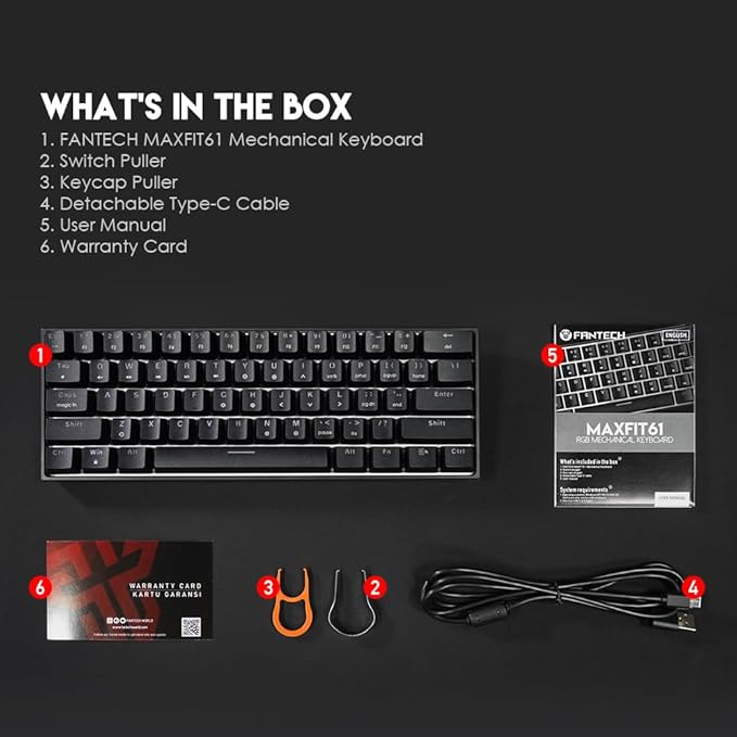 FANTECH MAXFIT61 RGB Wired 60% Mechanical Keyboard, 61 Keys Hot Swappable Type-C Programmable Gaming Keyboard, Blue Switch, Black