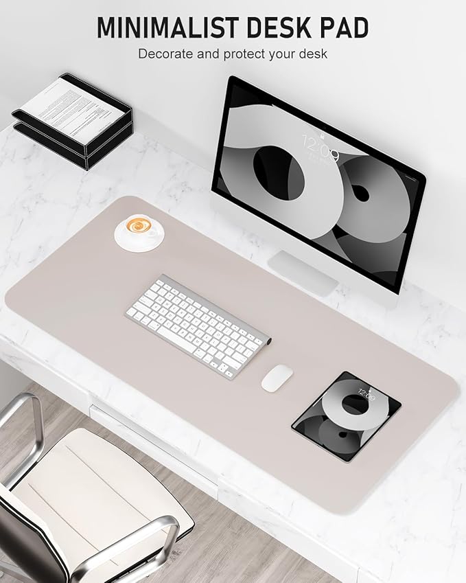 Desk Pad, 23.6" x 13.8" PU Leather Non-Slip Desk Mat Large Mouse Pad for Desktop, Waterproof Laptop Computer Writing Mat for Office, Home, Work, Gaming, Beige Gray
