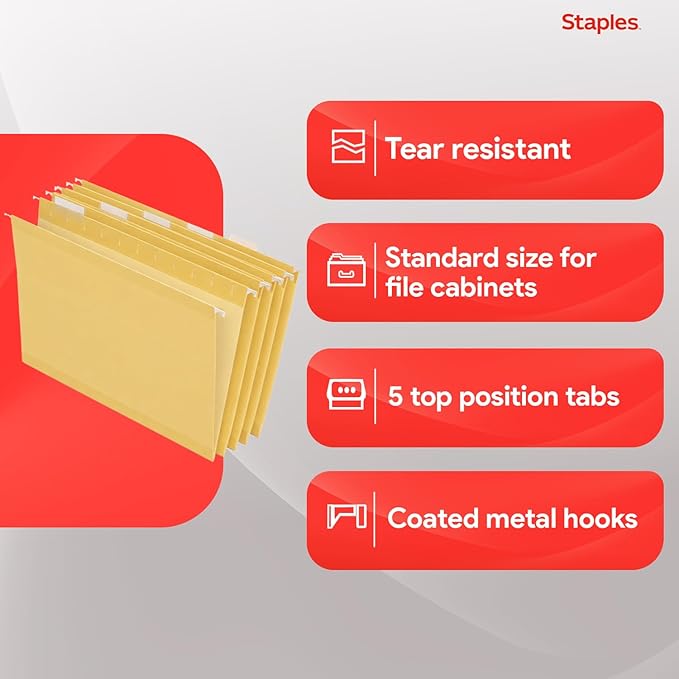 Staples Hanging File Folders, Letter Size, Yellow, 5‑Tab, Durable Construction – 25/Box