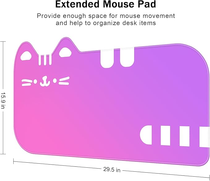 Dapesuom Large Gaming Mouse Pad, Extended Mouse Mat with Stitched Edges, Cute Anime Cat Keyboard Pad with Non-Slip Base, Big XXL Desk Mats for Gamer, Computer, 29.5 x 15.9in, Sweet Dreamy Gradient